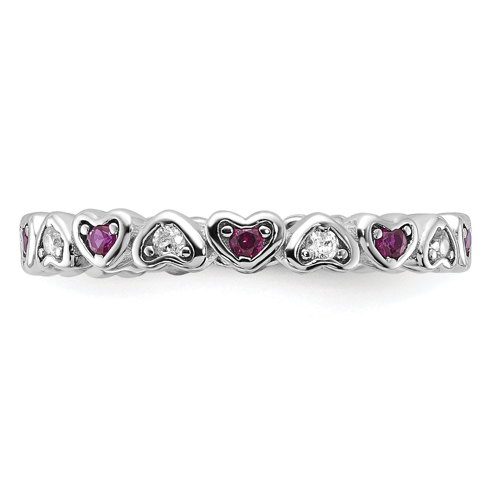 SS Rhodium-plated .14Lab Cr. Ruby and .27Cr. Wh Sapphire Heart Ring