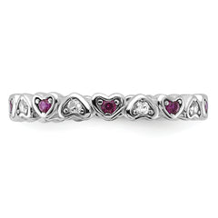 SS Rhodium-plated .14Lab Cr. Ruby and .27Cr. Wh Sapphire Heart Ring