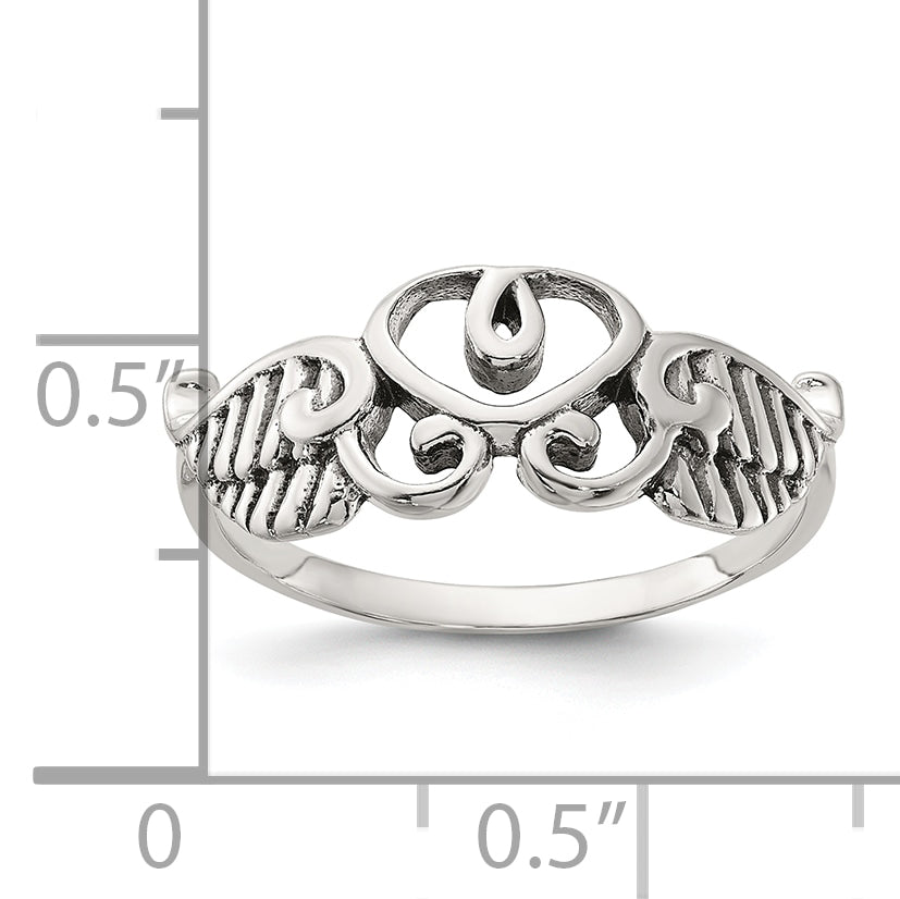 Sterling Silver Antiqued Heart with Leaves/Wings Ring