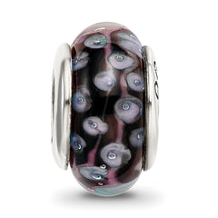 Sterling Silver Glass Bead with Hand-Blown Black/White Design, Antiqued Finish