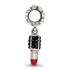 Sterling Silver 925 Lipstick Dangle Bead with Red Enamel and Black Crystal