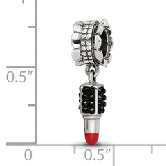Sterling Silver 925 Lipstick Dangle Bead with Red Enamel and Black Crystal
