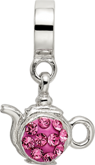 Sterling Silver Teapot Charm with Pink Crystal Accents Elegantly Antiqued