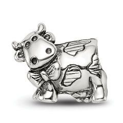 Sterling Silver 925 Kids Cow Bead with Bow Antiqued Finish Solid Design