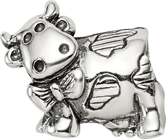 Sterling Silver 925 Kids Cow Bead with Bow Antiqued Finish Solid Design