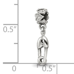 Sterling Silver 925 Kids Bead with Safety Pin Charm Antiqued Finish
