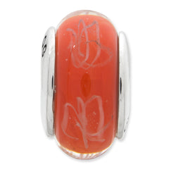 Sterling Silver Hand-Blown Glass Bead with Orange/White Scribble Design Elegant Stackable