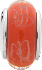 Sterling Silver Hand-Blown Glass Bead with Orange/White Scribble Design Elegant Stackable