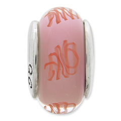 Sterling Silver Hand-Blown Glass Bead with Pink Red Scribbles Antique Finish