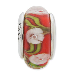 Sterling Silver Floral Hand-blown Glass Bead with Antiqued Finish