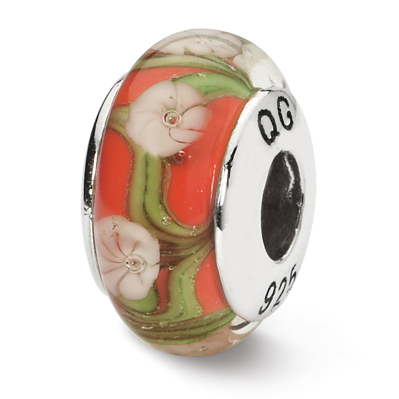 Sterling Silver Reflections Red/White Floral Hand-blown Glass Bead