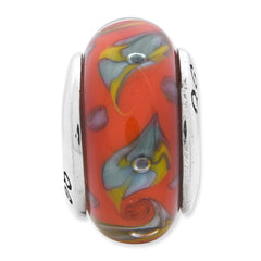 Sterling Silver Hand-Blown Glass Bead with Red/Teal Swirl Antique Finish