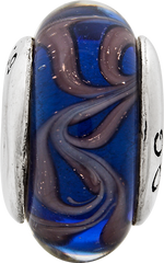 Sterling Silver 925 Glass Bead with Blue/Brown Swirl Hand-Blown Design