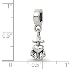 Sterling Silver 925 Dangle Bead with Heart, Cross & Anchor Charm Polished Finish