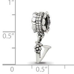 Sterling Silver 925 Letter V Dangle Bead with Antiqued Finish