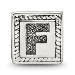 Sterling Silver 925 Block Bead with Antiqued Letter F Solid Design