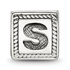 Sterling Silver 925 Antiqued Letter S Block Bead Charm Solid Elegant Design