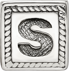Sterling Silver 925 Antiqued Letter S Block Bead Charm Solid Elegant Design