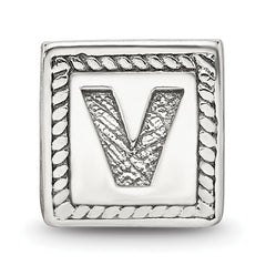 Sterling Silver 925 Letter V Bead with Antiqued Finish Solid Block Design
