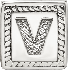 Sterling Silver 925 Letter V Bead with Antiqued Finish Solid Block Design