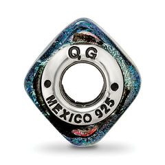 Sterling Silver 925 Antiqued Square Bead with Blue Dichroic Glass for Elegant Jewelry