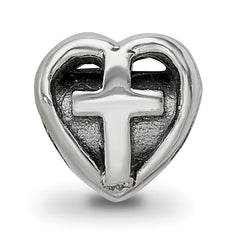 Sterling Silver 925 Kids Heart Bead with Cross Antiqued Finish Solid Design