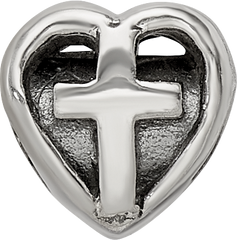 Sterling Silver 925 Kids Heart Bead with Cross Antiqued Finish Solid Design