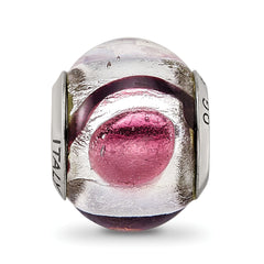 Sterling Silver Murano Glass Bead with Lavender, White & Black Detailing, Polished Finish
