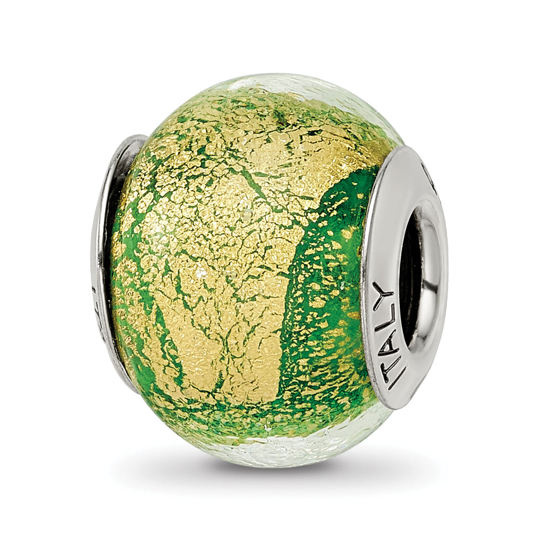 Sterling Silver Reflections Green/Gold Italian Murano Bead