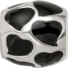 Sterling Silver 925 Bead with Black Enameled Hearts Antiqued Finish