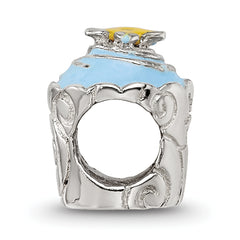 Sterling Silver 925 Cupcake Bead with Blue Enamel and Antiqued Finish