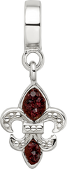 Sterling Silver 925 Fleur De Lis Dangle Bead with Red Crystal Antique Finish