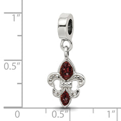 Sterling Silver 925 Fleur De Lis Dangle Bead with Red Crystal Antique Finish