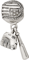 Sterling Silver 925 Baseball Glove & Bat Dangle Bead with Antiqued Finish
