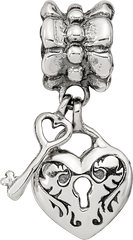Sterling Silver 925 Heart & Key Dangle Bead with Antiqued Finish