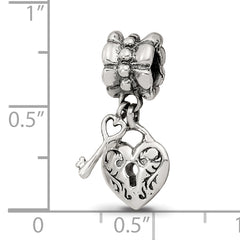 Sterling Silver 925 Heart & Key Dangle Bead with Antiqued Finish