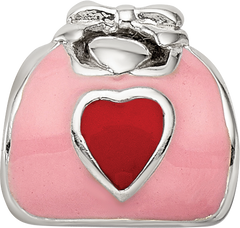 Sterling Silver 925 Pink and Red Enameled Purse Bead with Polished Finish