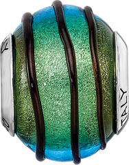 Sterling Silver 925 Murano Glass Bead with Teal Black Stripes