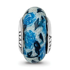 Sterling Silver 925 Blue Rose Glitter Glass Bead with Antiqued Finish Elegant Charm