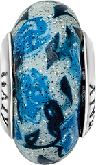 Sterling Silver 925 Blue Rose Glitter Glass Bead with Antiqued Finish Elegant Charm