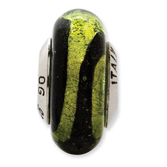 Sterling Silver 925 Murano Glass Bead with Lime/Black Stripes, Antiqued Finish