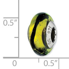 Sterling Silver 925 Murano Glass Bead with Lime/Black Stripes, Antiqued Finish