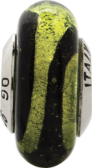 Sterling Silver 925 Murano Glass Bead with Lime/Black Stripes, Antiqued Finish