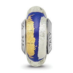 Sterling Silver 925 Murano Glass Bead with Blue Gold Accents Antiqued Finish