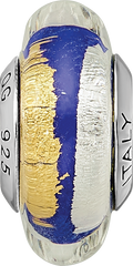 Sterling Silver 925 Murano Glass Bead with Blue Gold Accents Antiqued Finish