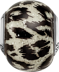 Sterling Silver Glass Bead with Black & White Glitter Overlay Elegant Design