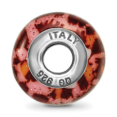 Sterling Silver 925 Glass Bead with Pink & Brown Glitter Overlay Elegant