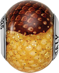 Sterling Silver Glass Bead with Brown/Yellow Glitter Overlay Antique Finish