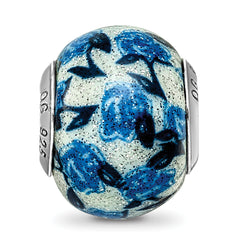 Sterling Silver 925 Blue Rose Glitter Glass Bead with Antique Finish