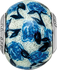 Sterling Silver 925 Blue Rose Glitter Glass Bead with Antique Finish